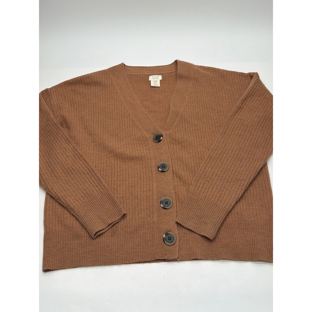 Aspen 100% Extrafine Merino Wool Ribbed V-Neck Cardigan Sweater Cognac Brown XS